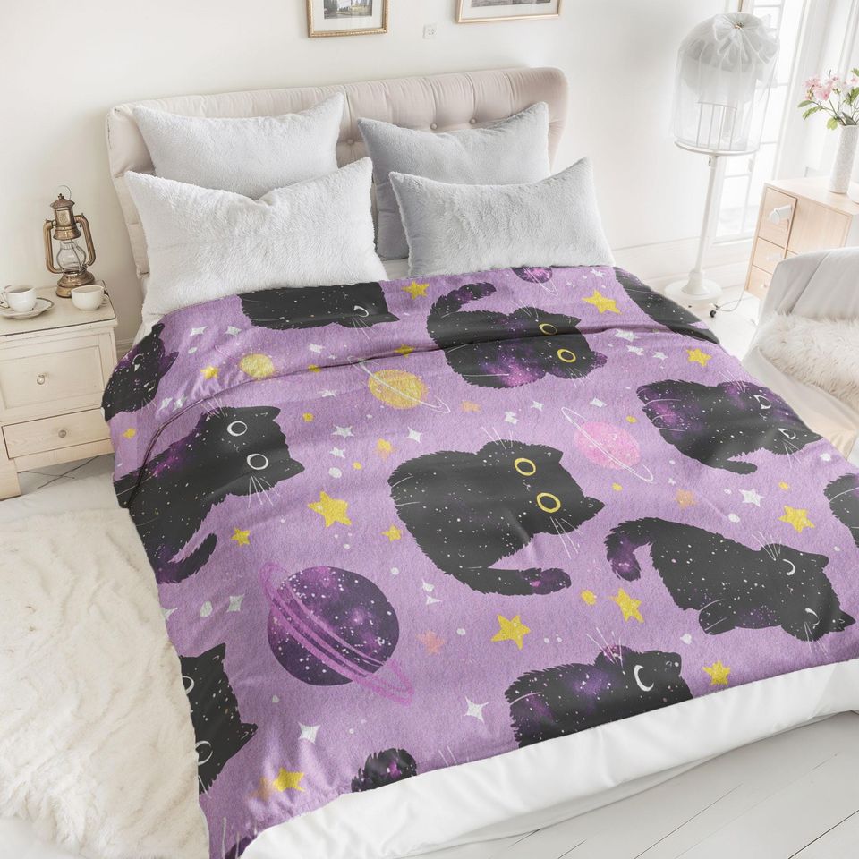 Galaxy Cat Fleece Blanket with Space Kitten Design for Pet Owners