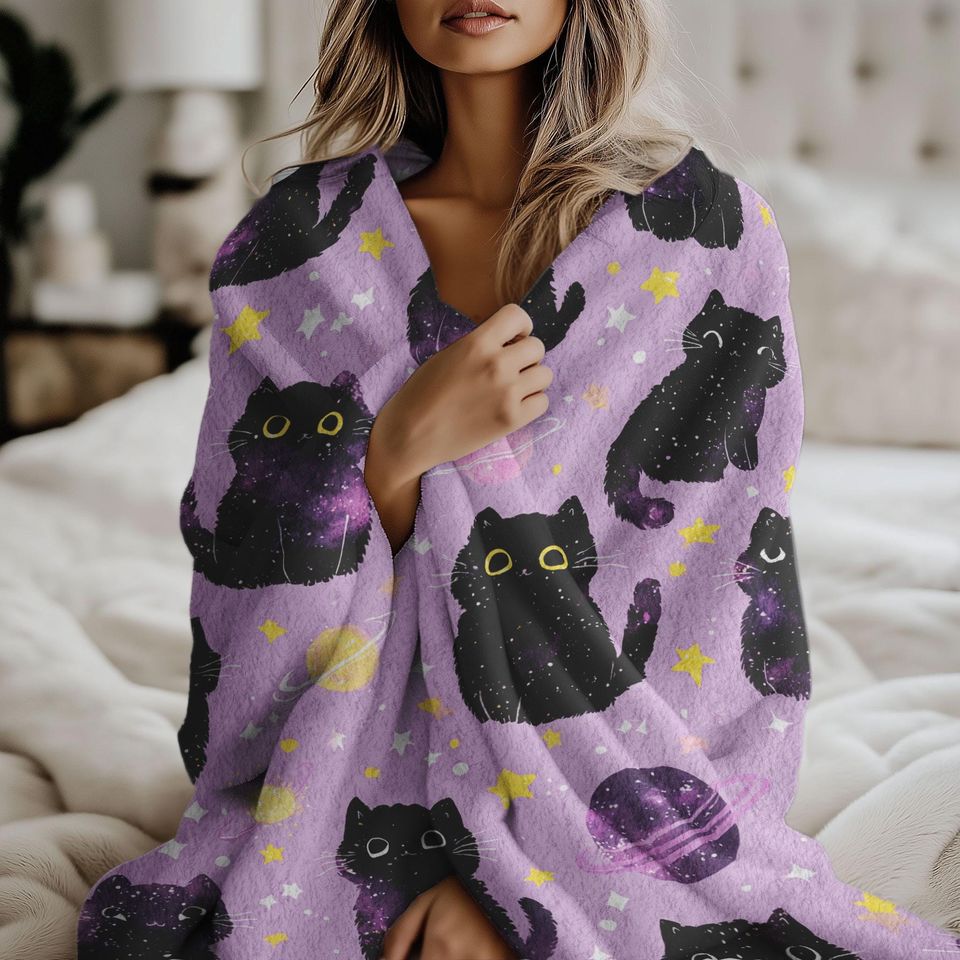 Galaxy Cat Fleece Blanket with Space Kitten Design for Pet Owners