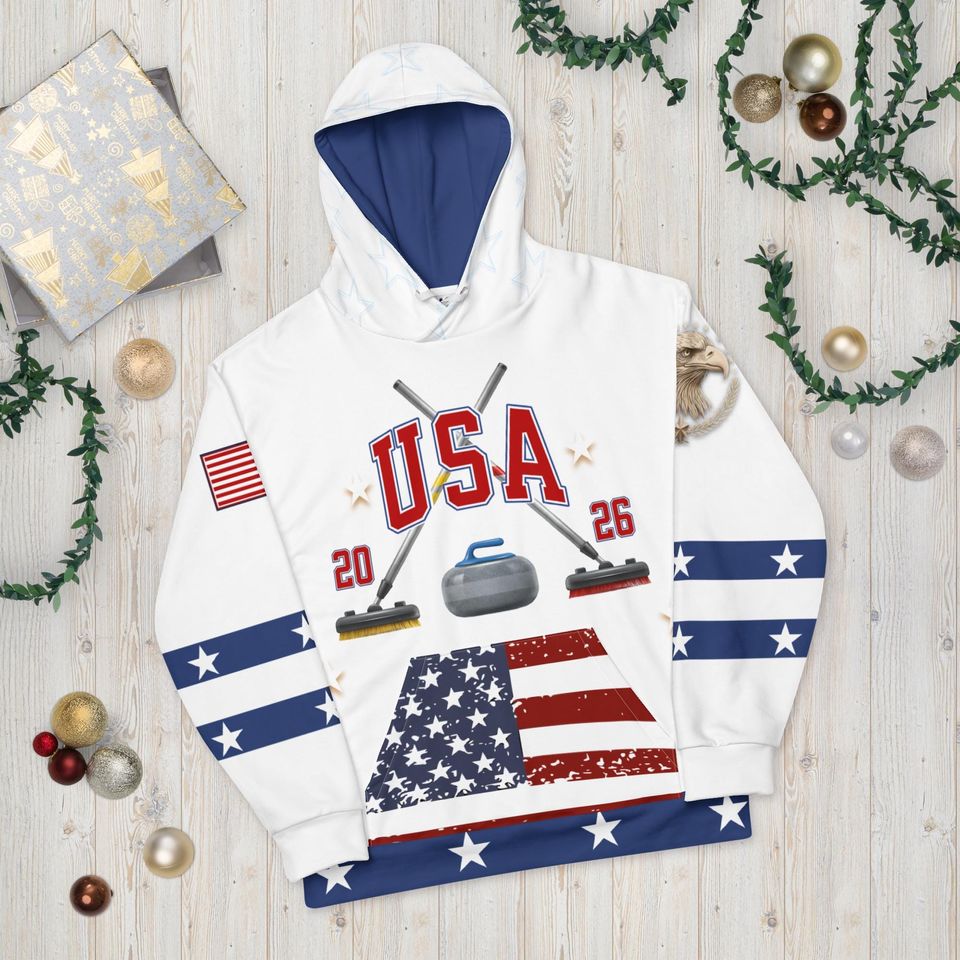 USA Curling- Hoodie, WHITE,   All Over Print Product, Expect three weeks for delivery