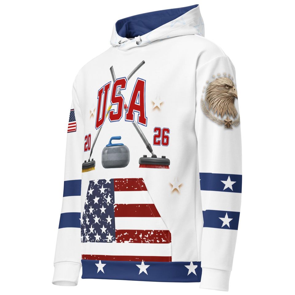USA Curling- Hoodie, WHITE,   All Over Print Product, Expect three weeks for delivery
