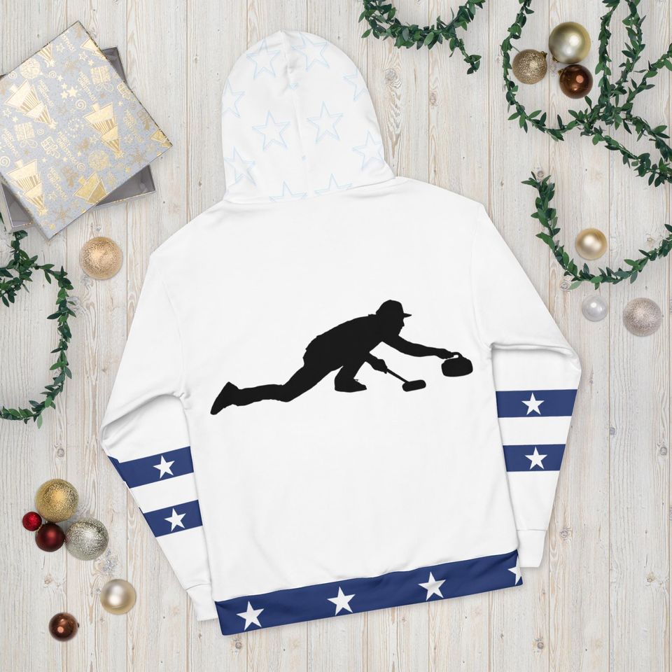 USA Curling- Hoodie, WHITE,   All Over Print Product, Expect three weeks for delivery