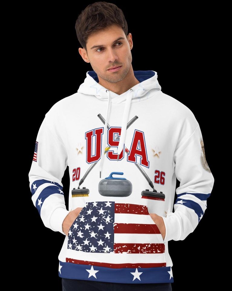 USA Curling- Hoodie, WHITE,   All Over Print Product, Expect three weeks for delivery