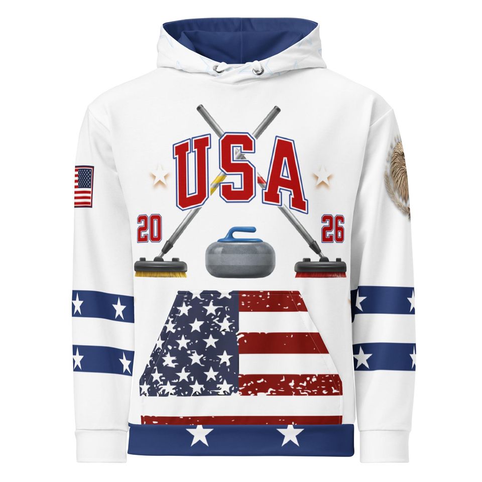 USA Curling- Hoodie, WHITE,   All Over Print Product, Expect three weeks for delivery