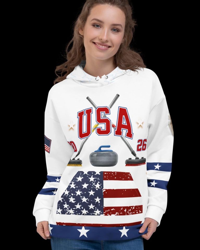 USA Curling- Hoodie, WHITE,   All Over Print Product, Expect three weeks for delivery