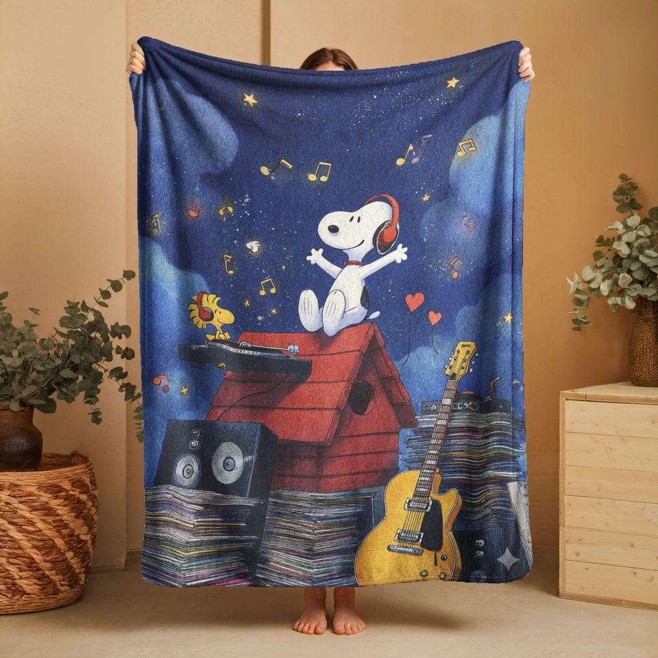 Beagle Music Lover Sherpa Fleece Blanket, Guitar Player Throw, Retro Vinyl Collector Plush Blanket, Musician Birthday Gift