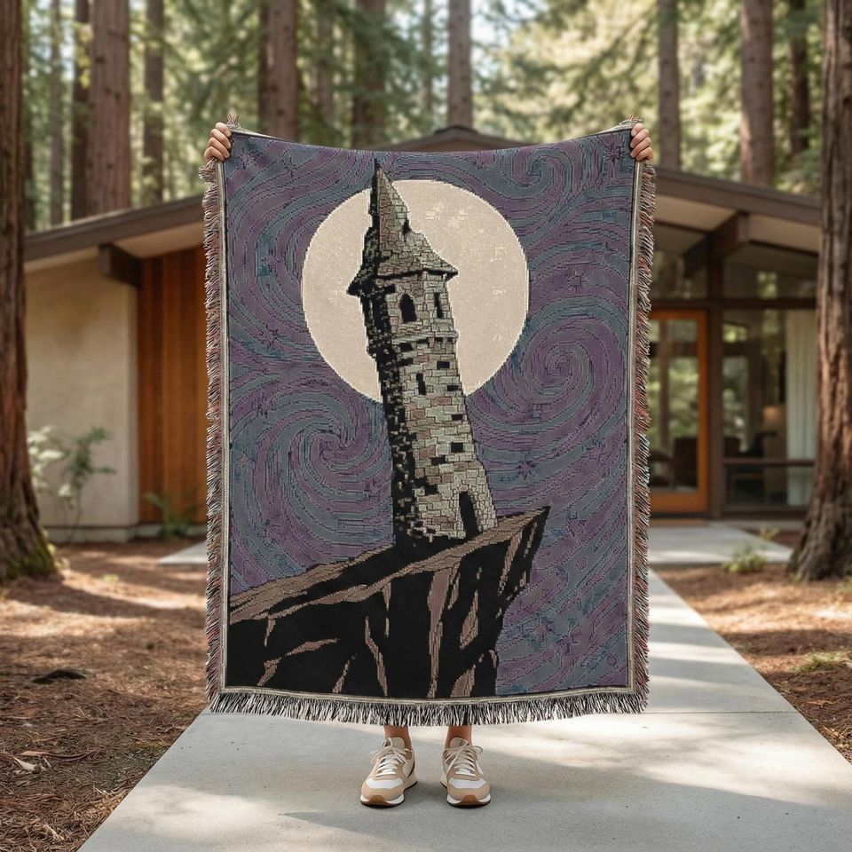 Wizard Tower Woven Blanket - Van Gogh Style Tapestry - Fantasy Castle Decor - Starry Night Art - Magic Landscape Gift - Witchy Moon Throw