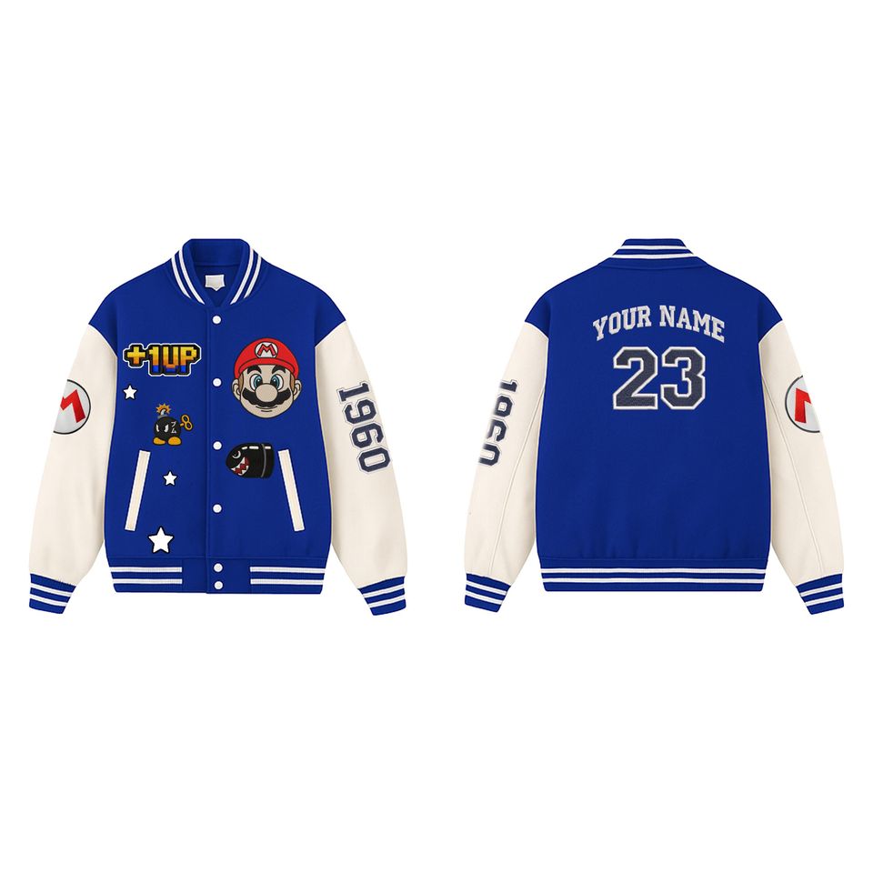 Personalized Super Mario Baseball Varsity Jacket, Video Game Jacket Men, Super Mario Bros Kids Jacket, Mario Birthday Boy Jacket