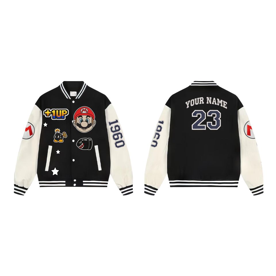 Personalized Super Mario Baseball Varsity Jacket, Video Game Jacket Men, Super Mario Bros Kids Jacket, Mario Birthday Boy Jacket