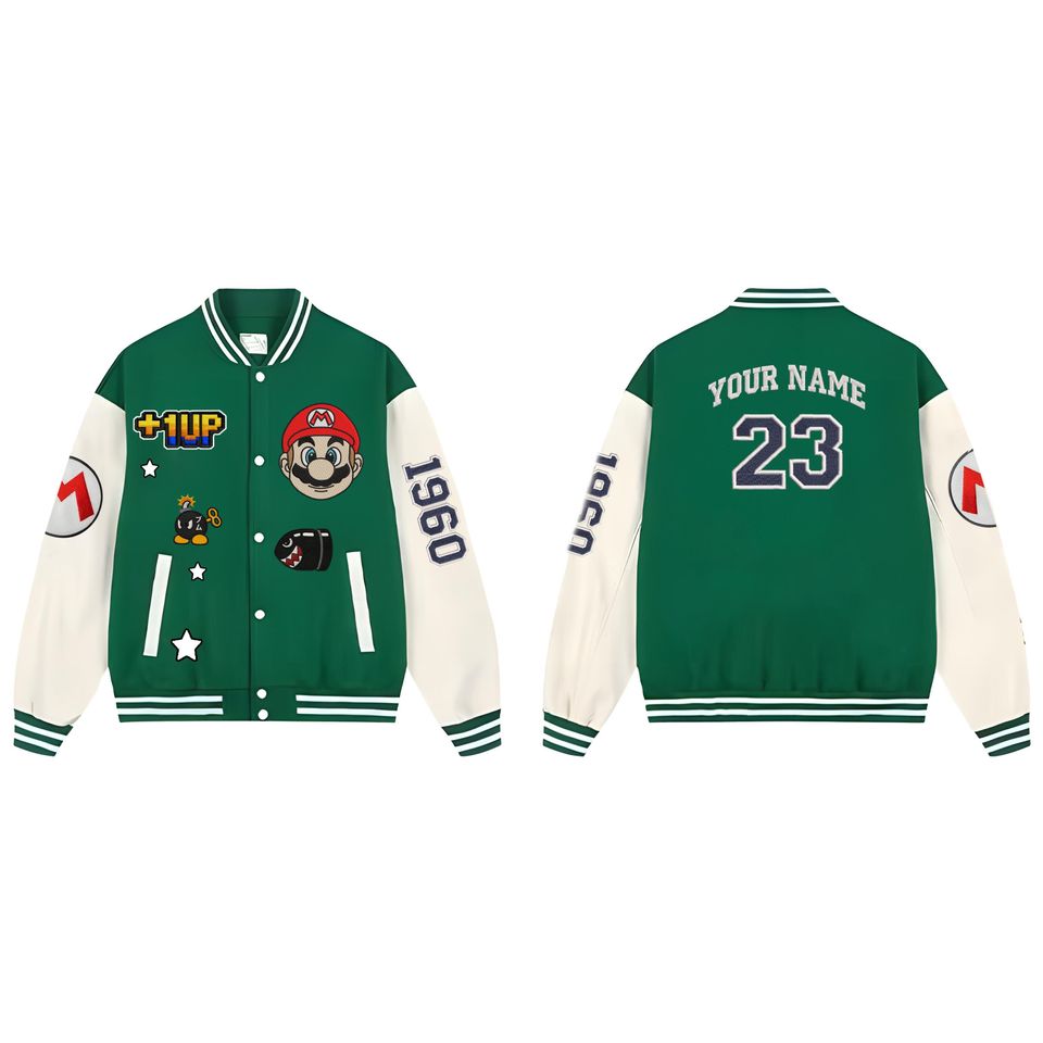 Personalized Super Mario Baseball Varsity Jacket, Video Game Jacket Men, Super Mario Bros Kids Jacket, Mario Birthday Boy Jacket