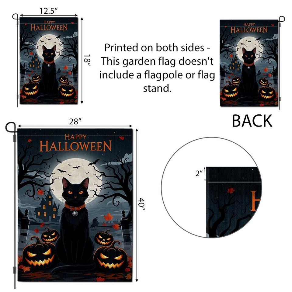 Black Cat Halloween Garden Flag with Pumpkins and Full Moon, Spooky Yard Decor