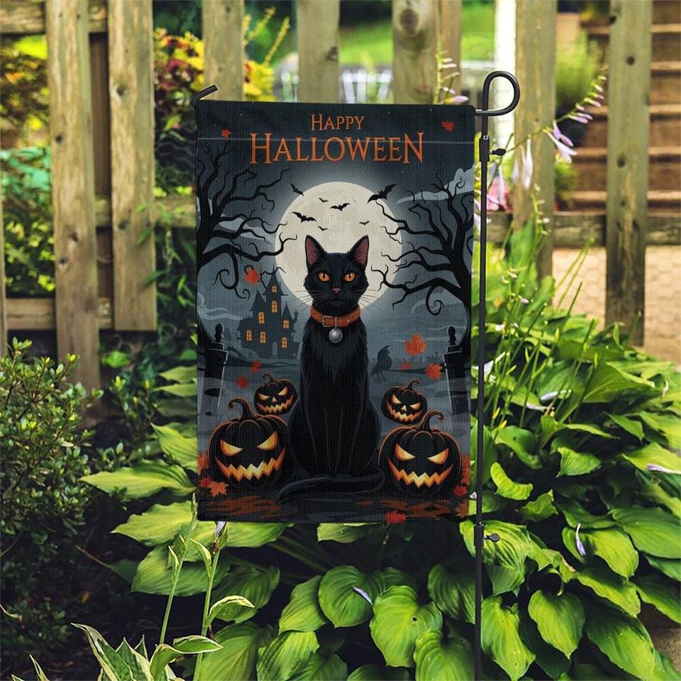 Black Cat Halloween Garden Flag with Pumpkins and Full Moon, Spooky Yard Decor