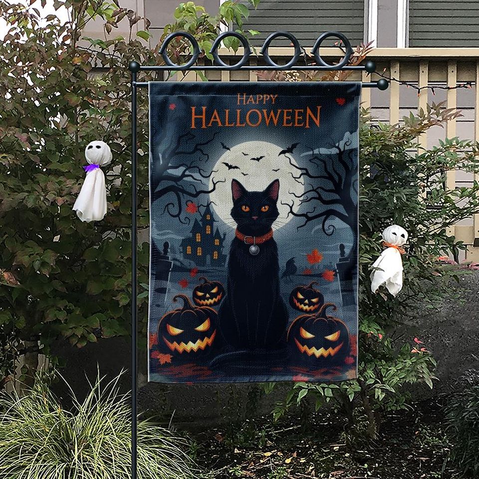 Black Cat Halloween Garden Flag with Pumpkins and Full Moon, Spooky Yard Decor