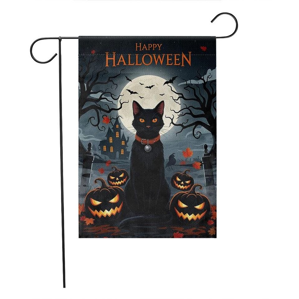Black Cat Halloween Garden Flag with Pumpkins and Full Moon, Spooky Yard Decor