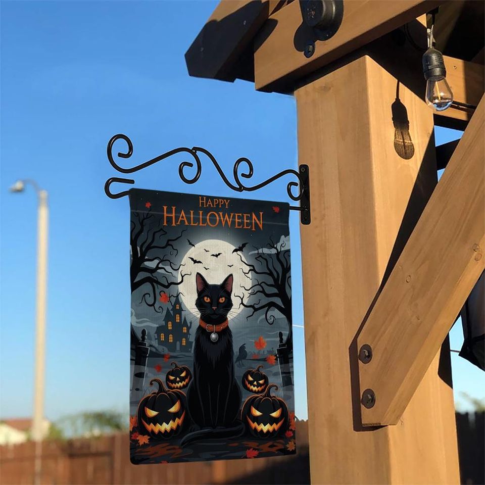 Black Cat Halloween Garden Flag with Pumpkins and Full Moon, Spooky Yard Decor