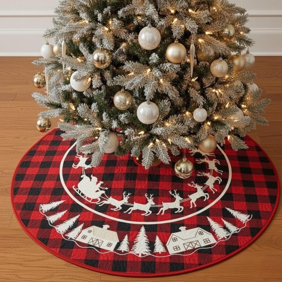 Buffalo Plaid Reindeer Sleigh Tree Skirt, Red Black Farmhouse Holiday Decor, Rustic Round Mat