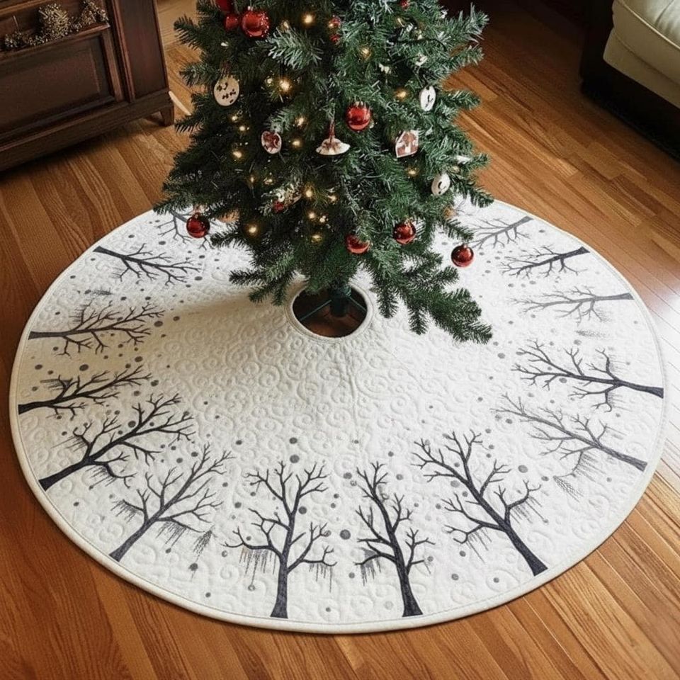Frosted Forest Tree Skirt, Enchanted Winter Tree Design, Quilted Christmas Decor, Black & White Tree Holiday Decoration