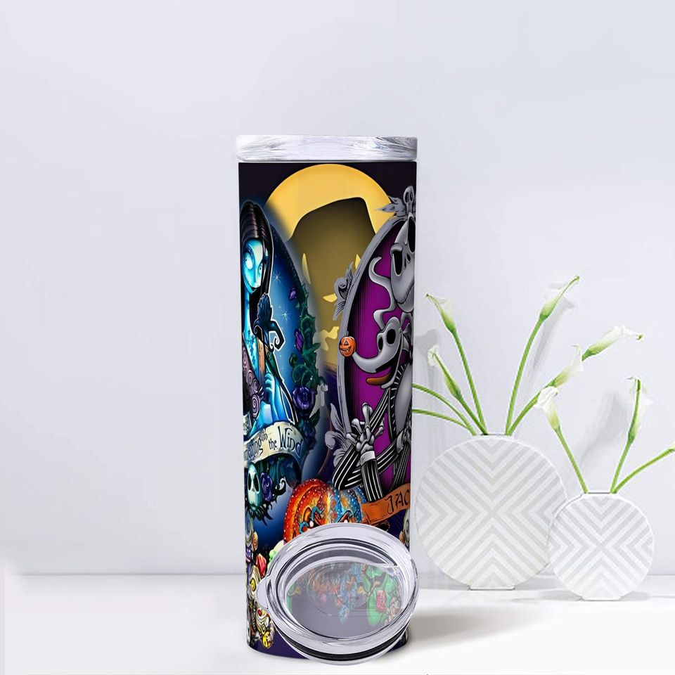20oz Jack Skellington and Sally Halloween Spooky Season Skinny & Tapered Wrap, Couple Halloween Tumbler, Nightmare before Christmas Design