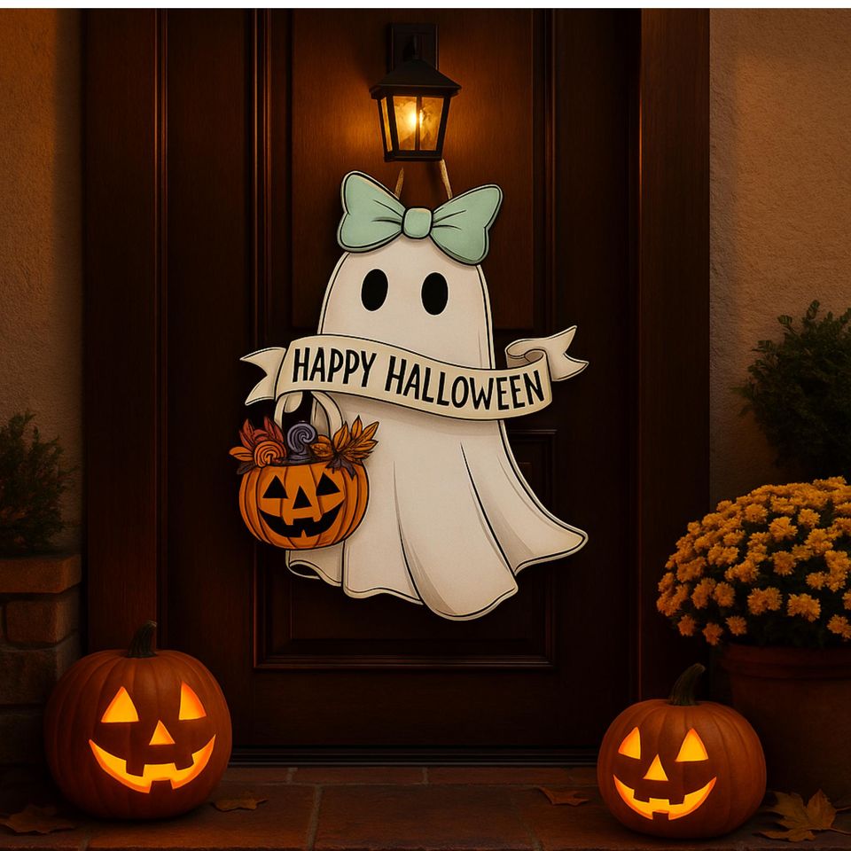 Ghost Door Sign: Spooky Wooden Hanging Sign