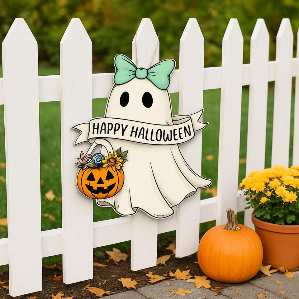 Ghost Door Sign: Spooky Wooden Hanging Sign