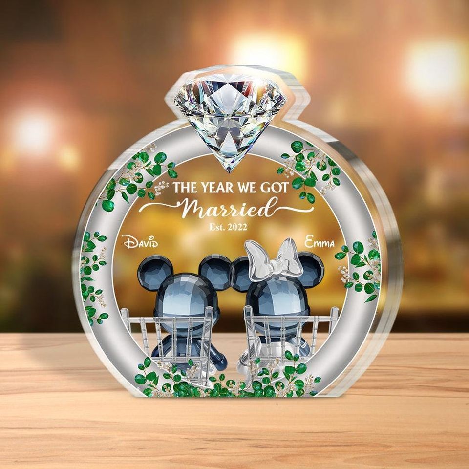 Personalized  Wedding Acrylic Plaque, Custom Mouse Cartoon Couple,  Bride and Groom Anniversary Gift