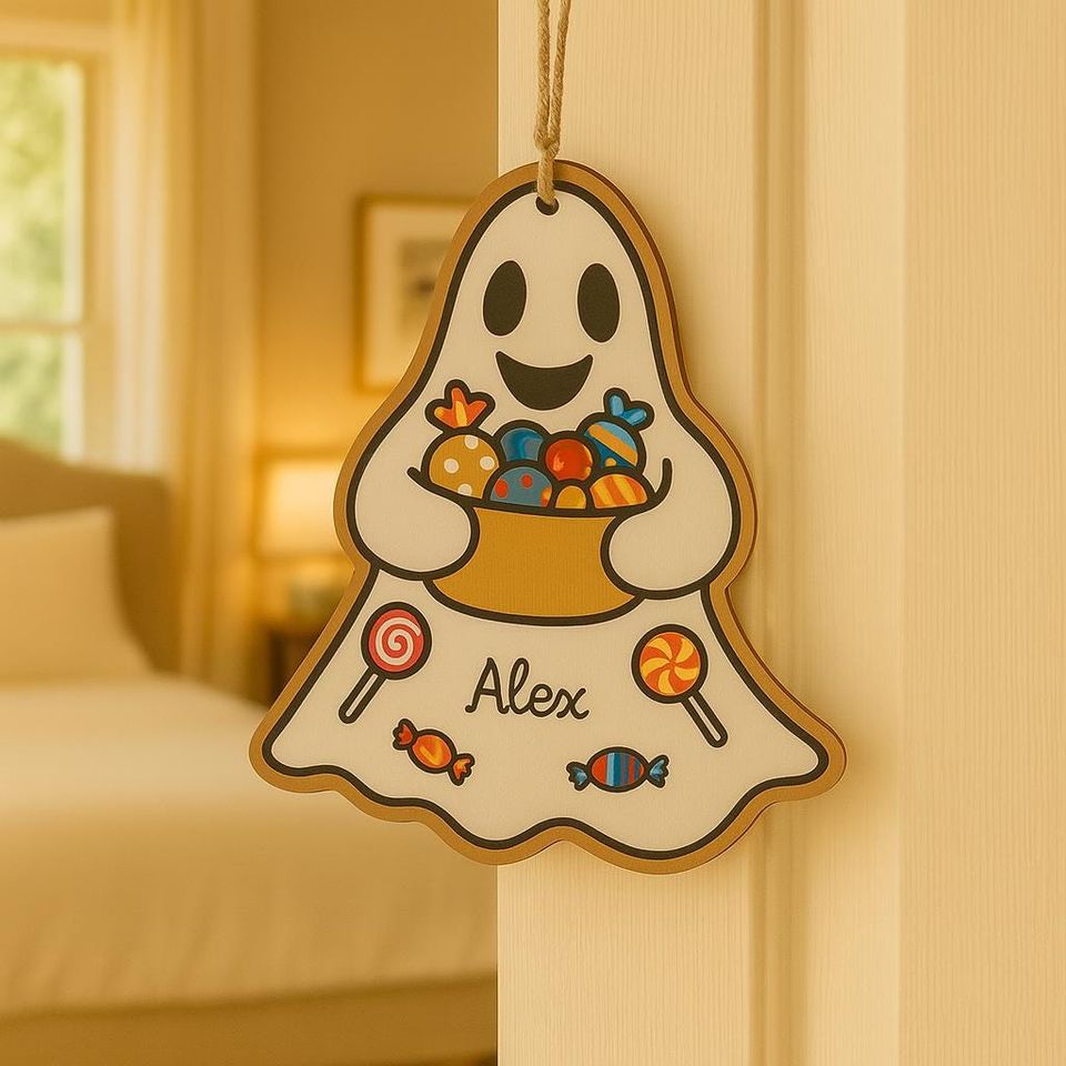 Halloween Customized Name Wooden Candy Ghost Pendant  Personalized Spooky Hanging Decoration for Kids & Home