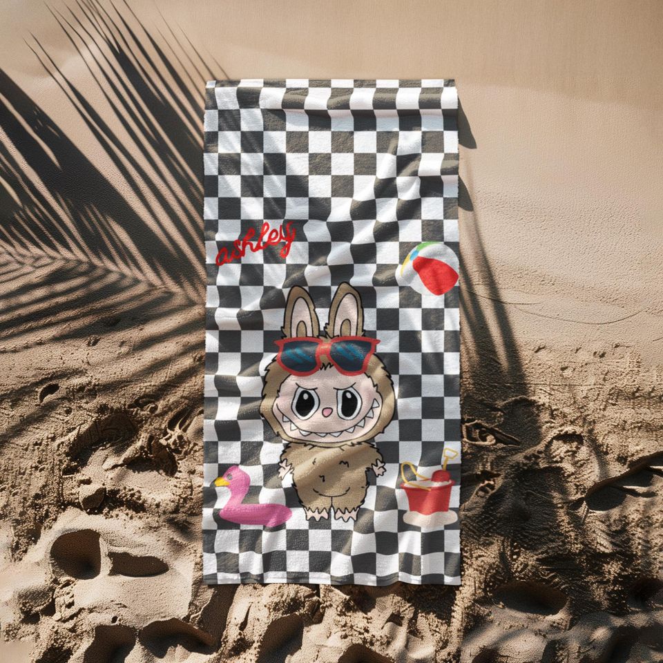 Personalized Labubu Style Beach Towel - Custom Name - Modern Design - Summer Colors