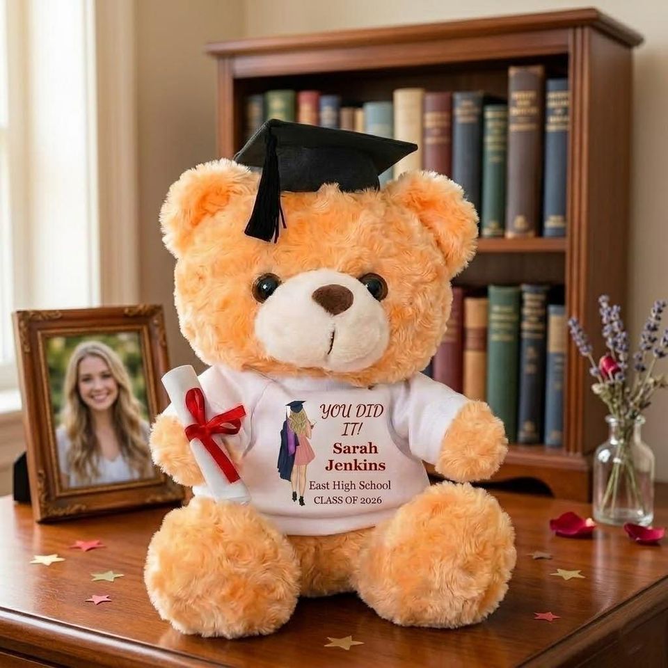 Custom Photo Graduation Teddy Bear, Personalized Grad Plush Gift, Class of 2026 Bear with Name, School Year Keepsake