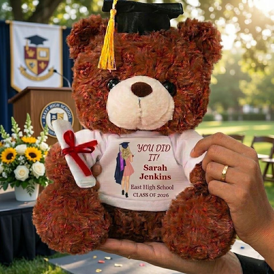Custom Photo Graduation Teddy Bear, Personalized Grad Plush Gift, Class of 2026 Bear with Name, School Year Keepsake