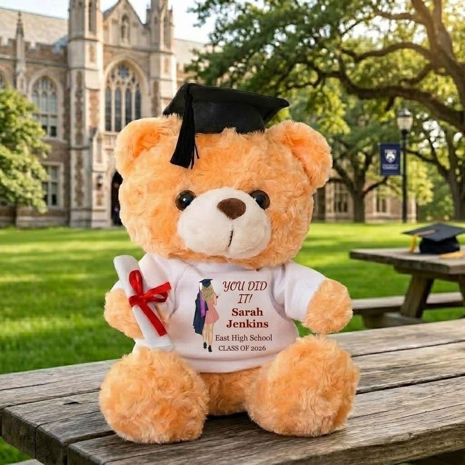 Custom Photo Graduation Teddy Bear, Personalized Grad Plush Gift, Class of 2026 Bear with Name, School Year Keepsake