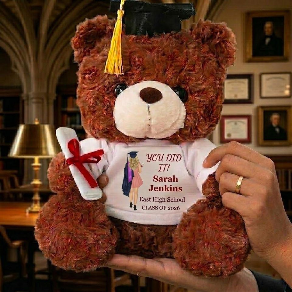 Custom Photo Graduation Teddy Bear, Personalized Grad Plush Gift, Class of 2026 Bear with Name, School Year Keepsake