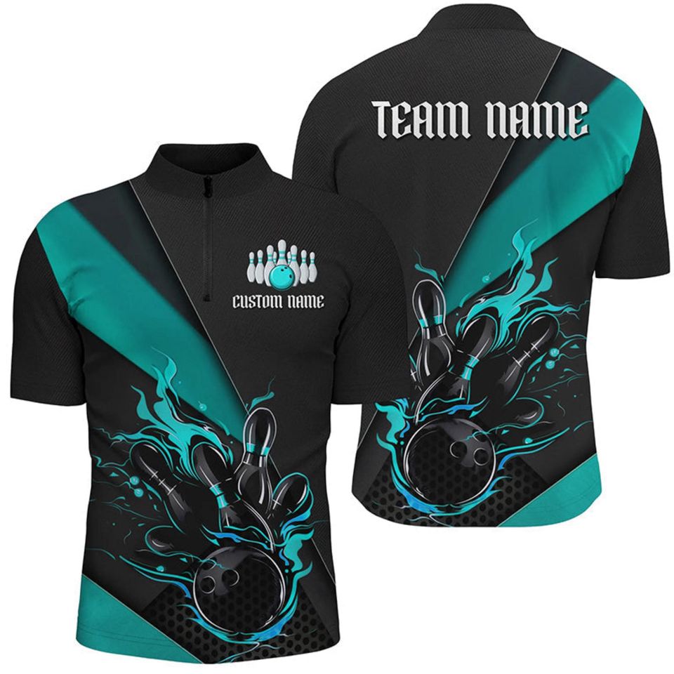 Custom Teal Flame Bowling Shirt: Personalized Team Jersey