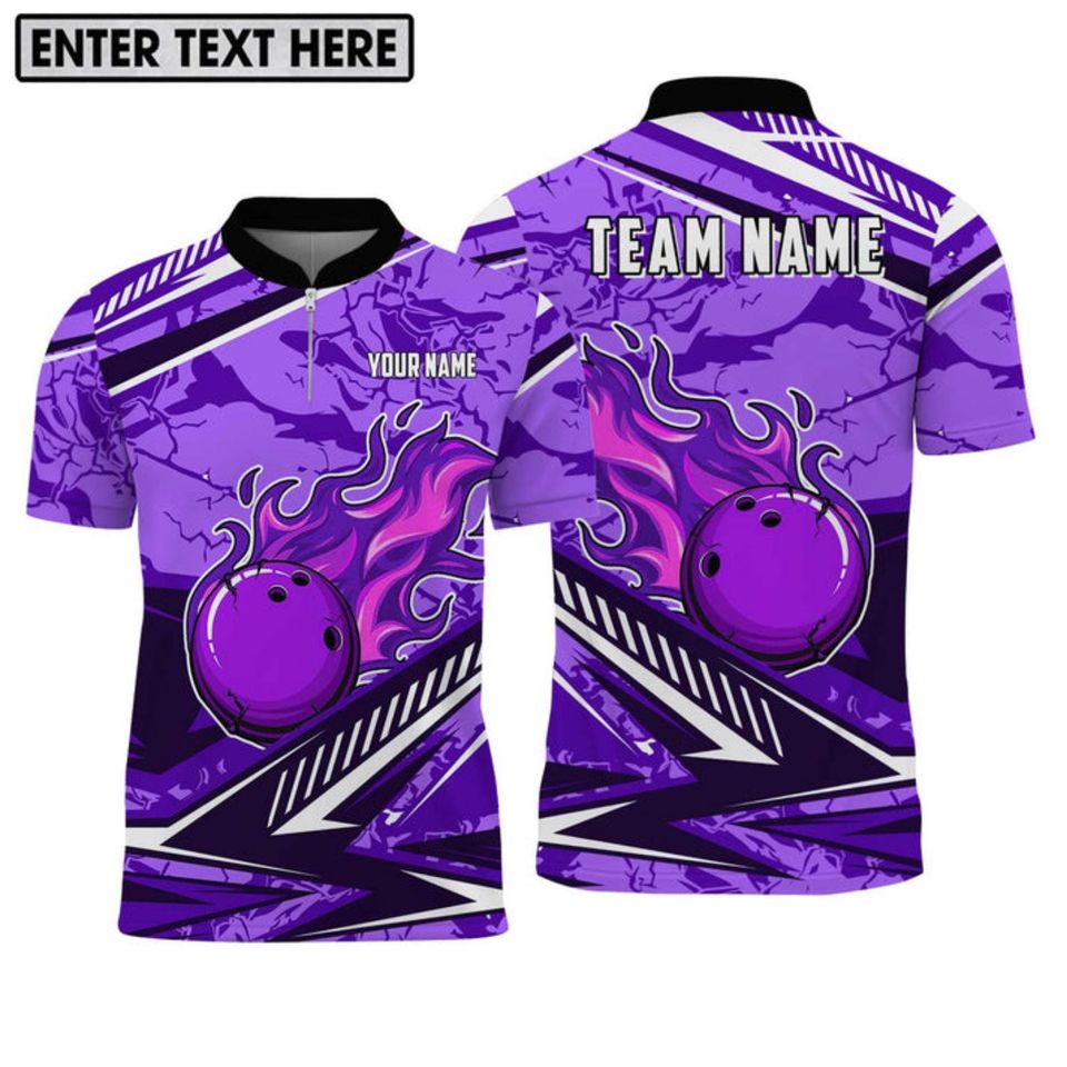 Custom Purple Flame Bowling Shirt: Personalized Team Jersey