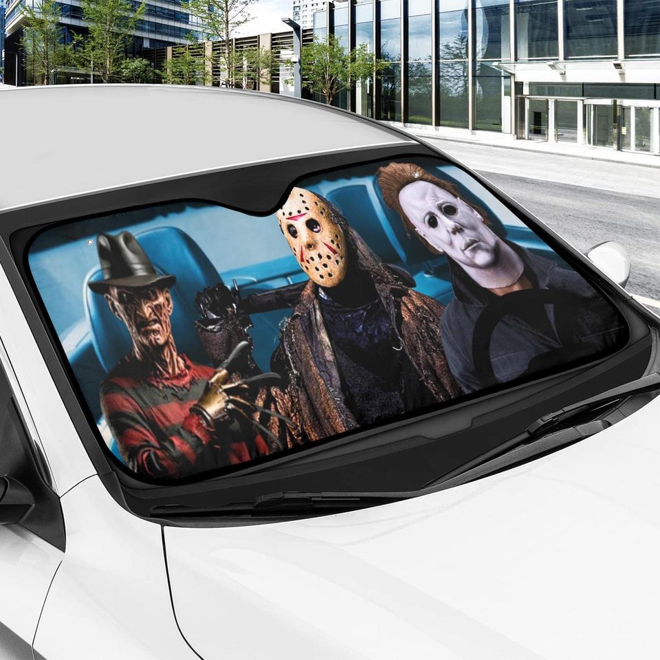 Slasher Squad Car Sun Shade  Freddy, Jason & Michael Carpool from Hell