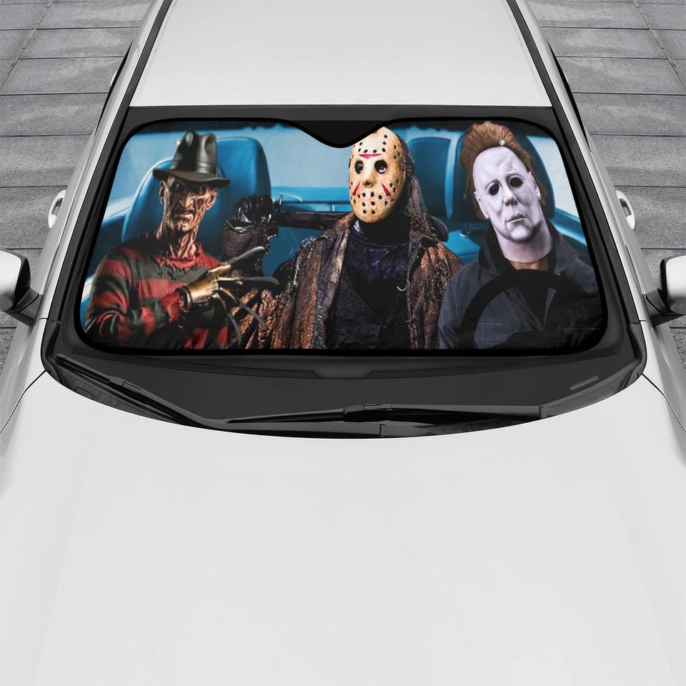 Slasher Squad Car Sun Shade  Freddy, Jason & Michael Carpool from Hell