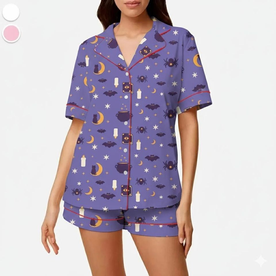 Halloween Black Cat Pajama Set, Cute Halloween Loungewear