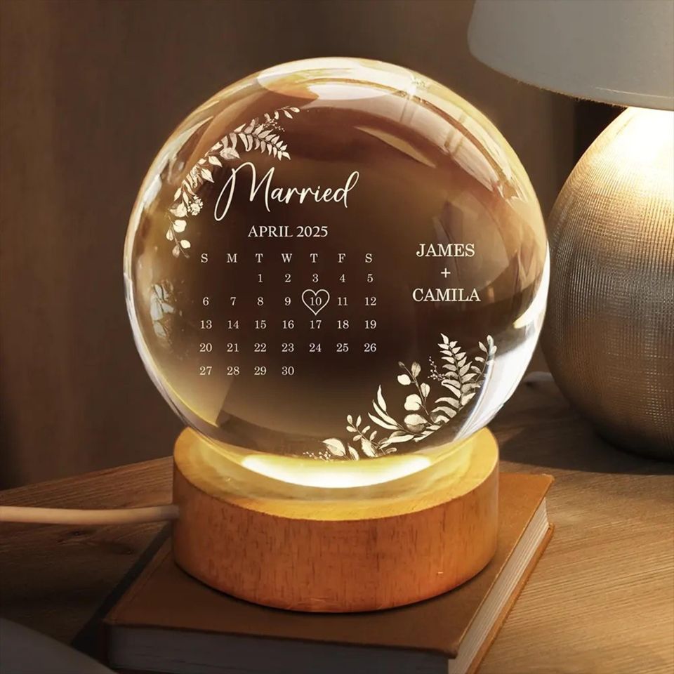 Personalized Crystal Globe Lamp: Engraved Calendar Wedding Keepsake