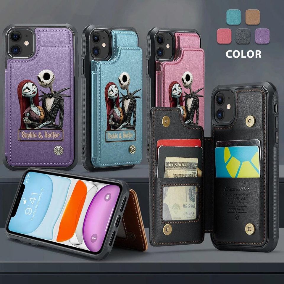 Personalized Jack and Sally PU Leather Wallet Phone Case - Halloween Gift