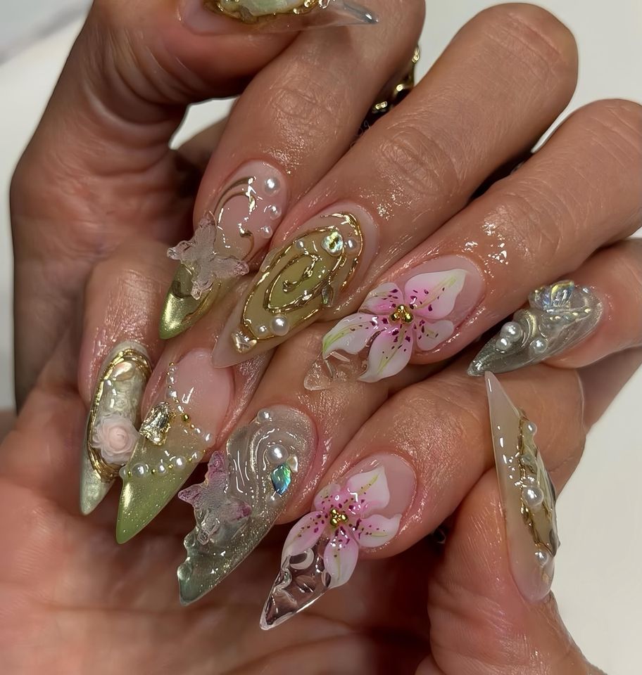 3D Flower Stiletto Press On Nails, Olive Green Chrome, Transparent Gel Design, Pearl Decor