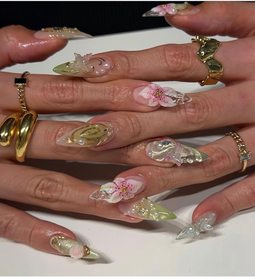 3D Flower Stiletto Press On Nails, Olive Green Chrome, Transparent Gel Design, Pearl Decor