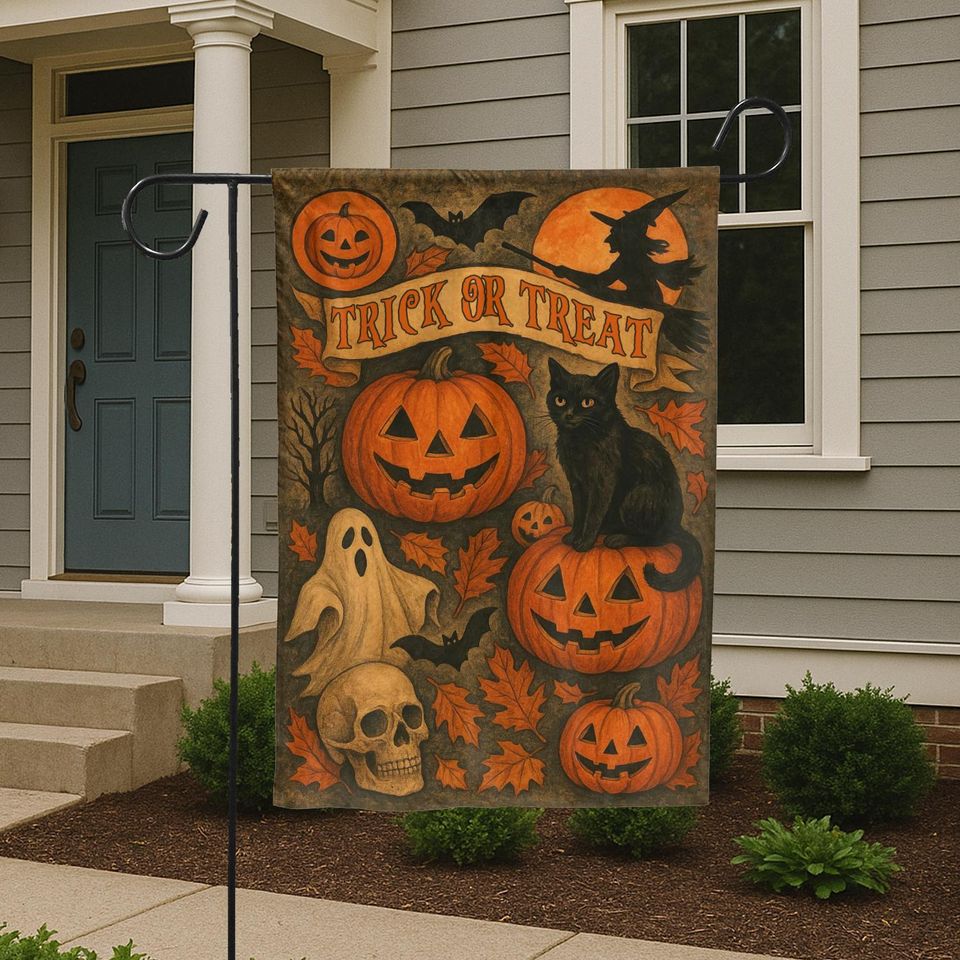 Halloween Trick or Treat Black Cat Garden Flag, Spooky Pumpkin Fall Decor