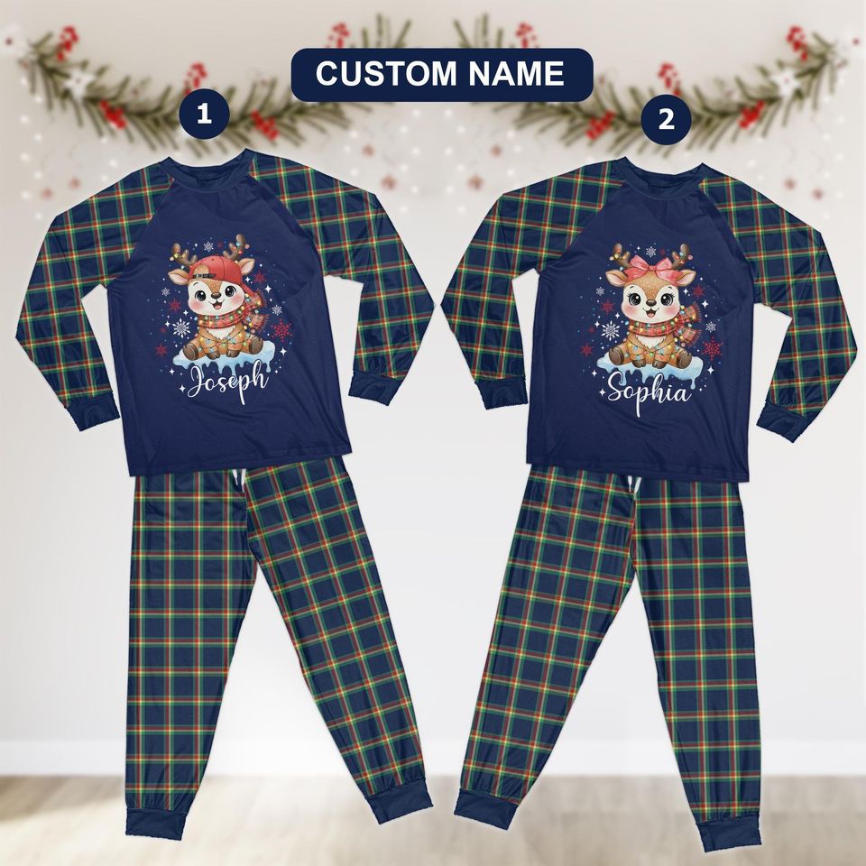 Custom Name Reindeer Christmas Pajamas Set