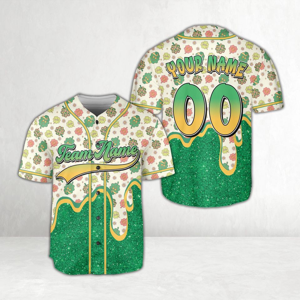 Dripping St Patrick Baseball Jersey, Custom Name Lucky Shamrock Charm, Personalized Irish Holiday Gift, Clover, Green Beer Drip Jersey