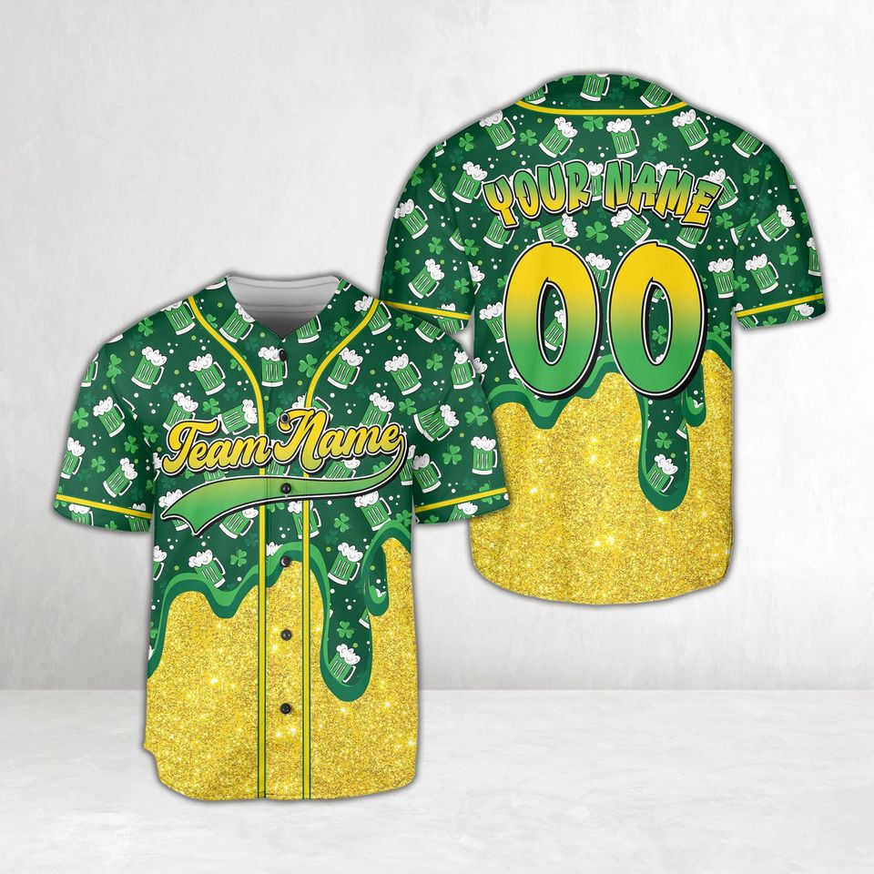 Dripping St Patrick Baseball Jersey, Custom Name Lucky Shamrock Charm, Personalized Irish Holiday Gift, Clover, Green Beer Drip Jersey