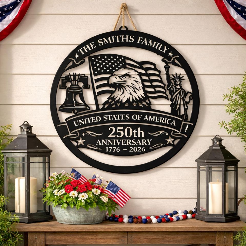 Personalized Patriotic Metal Sign, USA 250th Anniversary Eagle Flag Decor