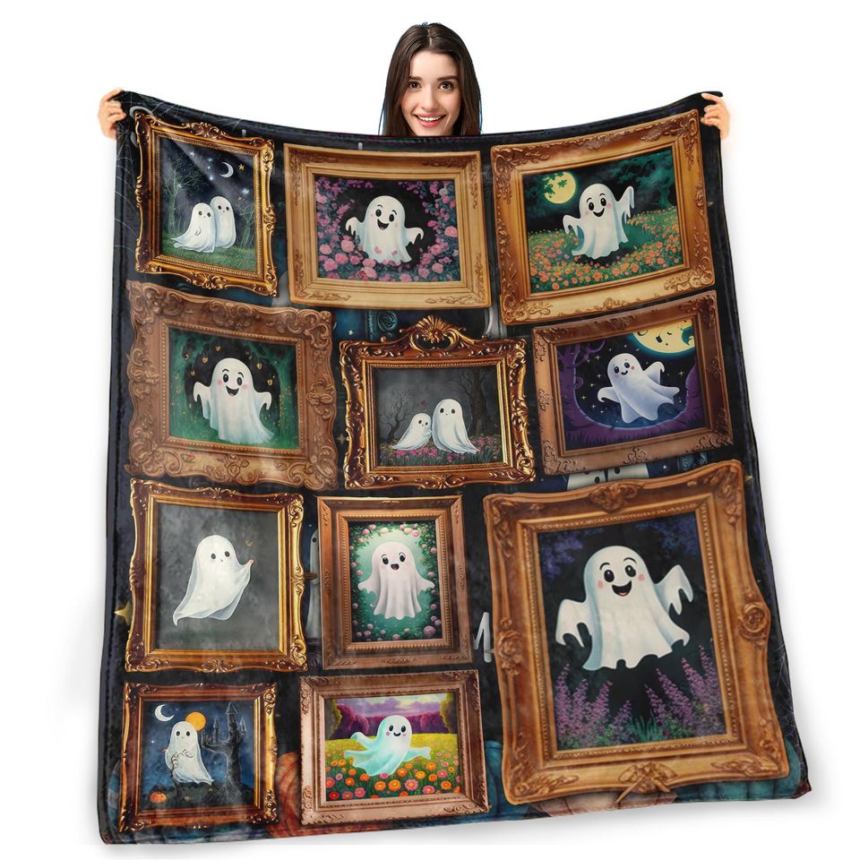 Retro Halloween Ghost Woven Throw Blanket: Spooky Gothic Home Decor