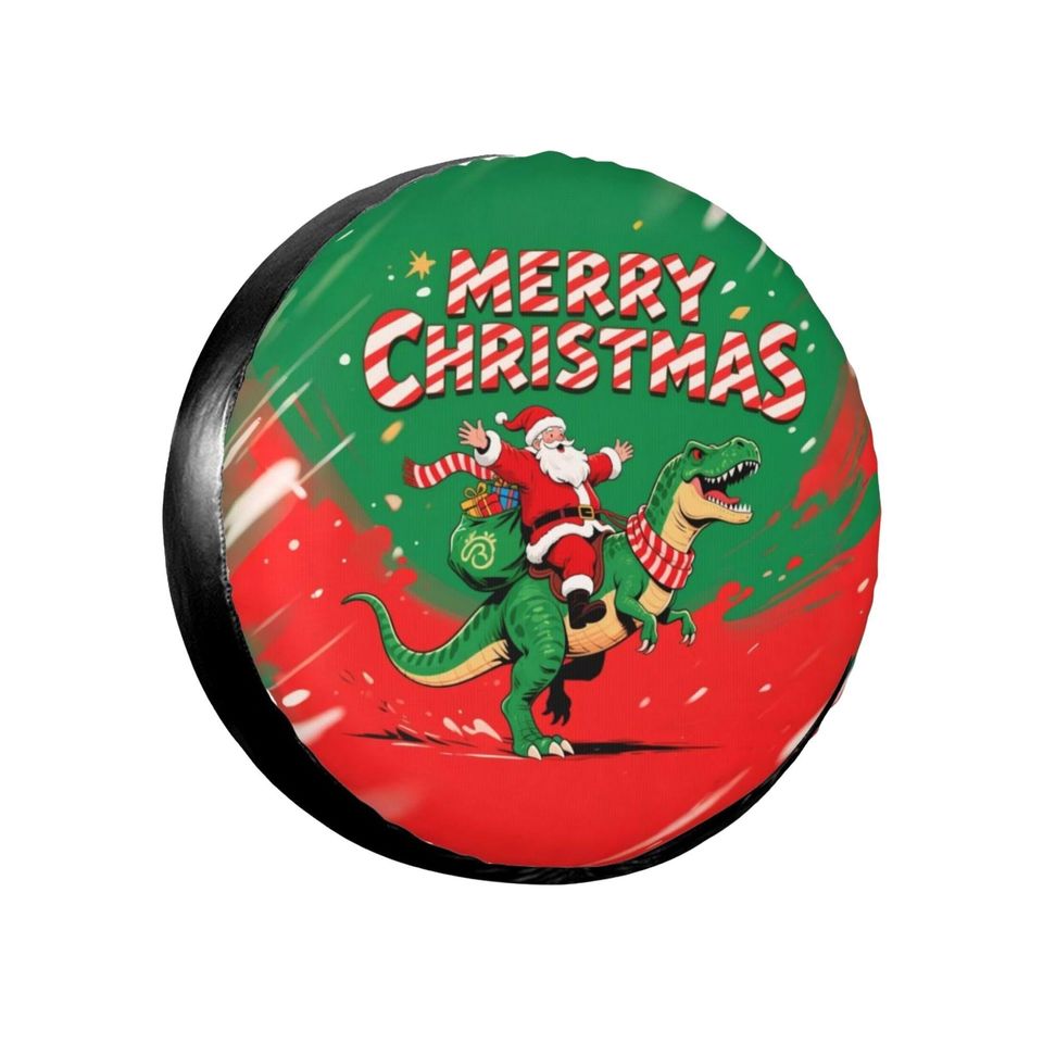 Spare Tire Cover  Santa Riding Dinosaur Christmas Design, With Or Without Camera Hole