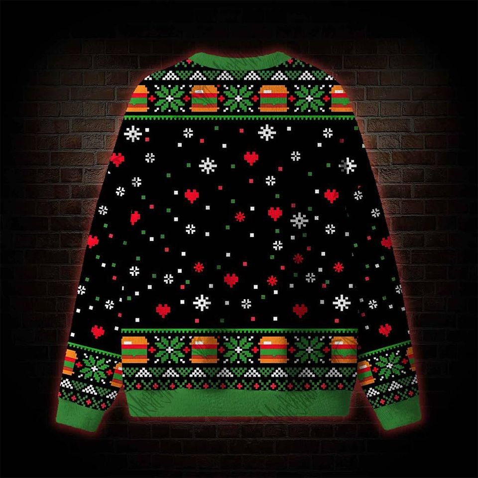 Merry Burgermas Ugly Christmas Sweater, Funny Foodie Xmas Crewneck, Hamburger Lover Holiday Jumper