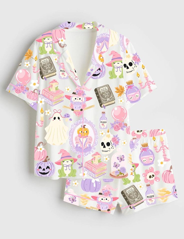 Womens Halloween Short Sleeve Pajama Set with Pocket