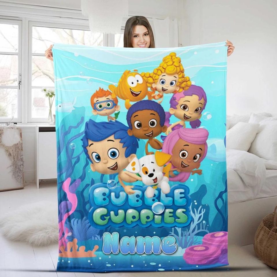 Personalized Fish Cartoon Blanket with Custom Name for Kids, Fleece Blanket, Birthday Gift