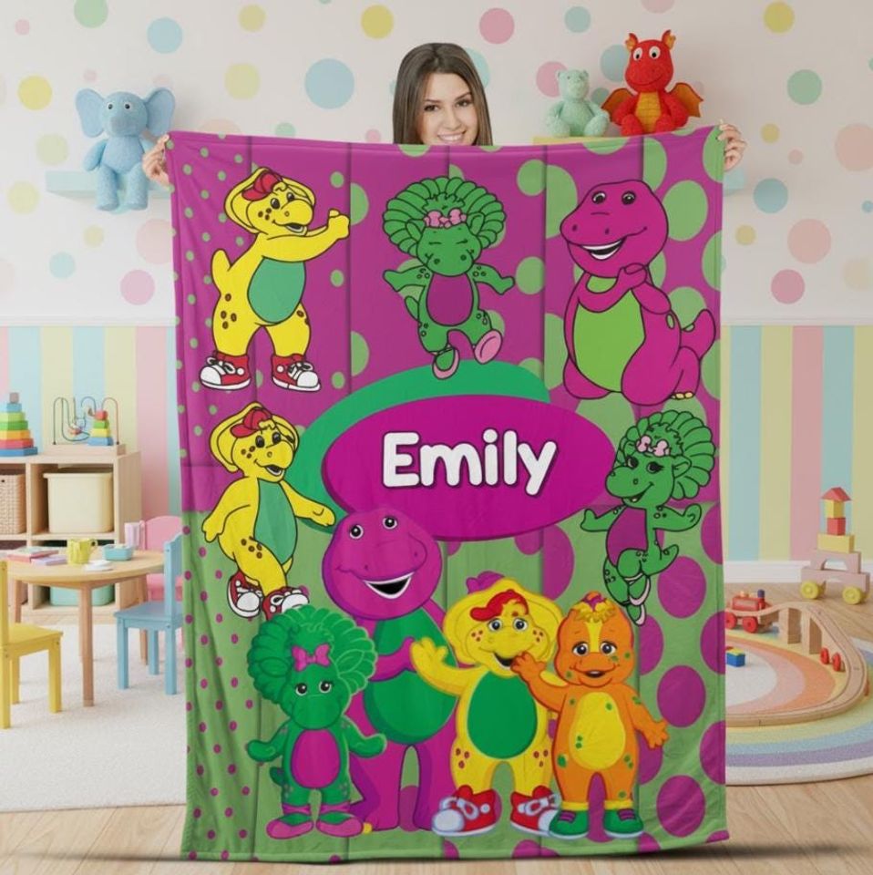 Personalized Dinosaur Name Blanket, Rainbow Dinosaur Cartoon Blanket